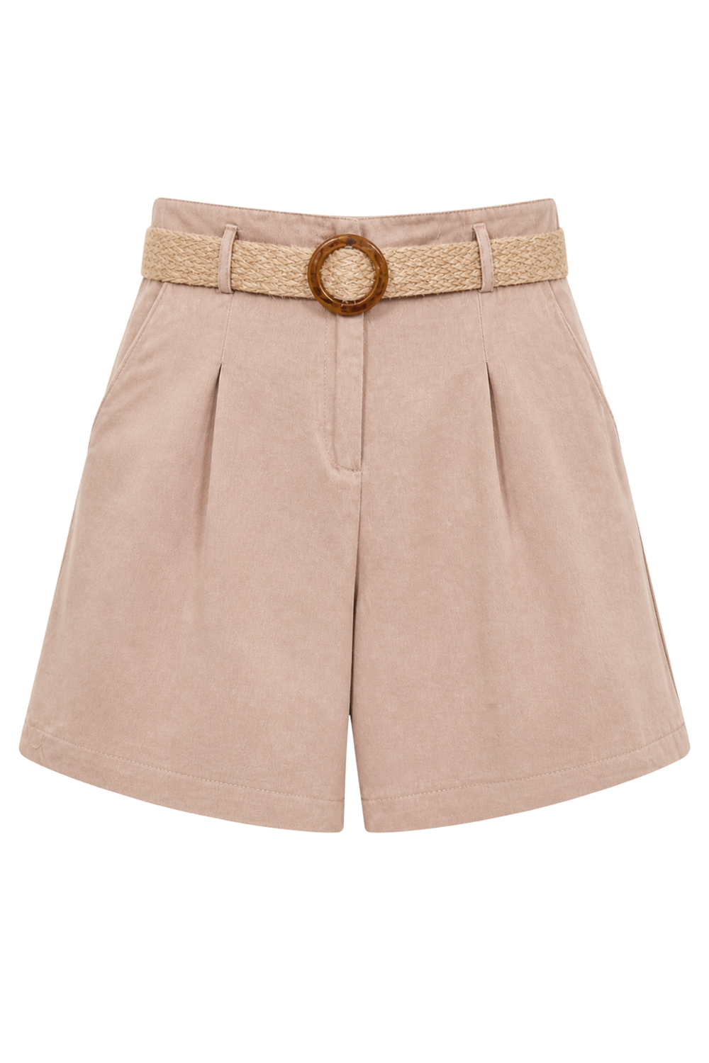 4022 Kadın Yüksek Bel Hasır Kemerli Pileli Şort Vizon
