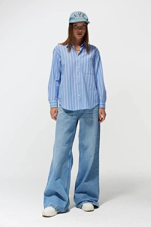 4367 Kadın Çizgili Oversize Gömlek Mavi