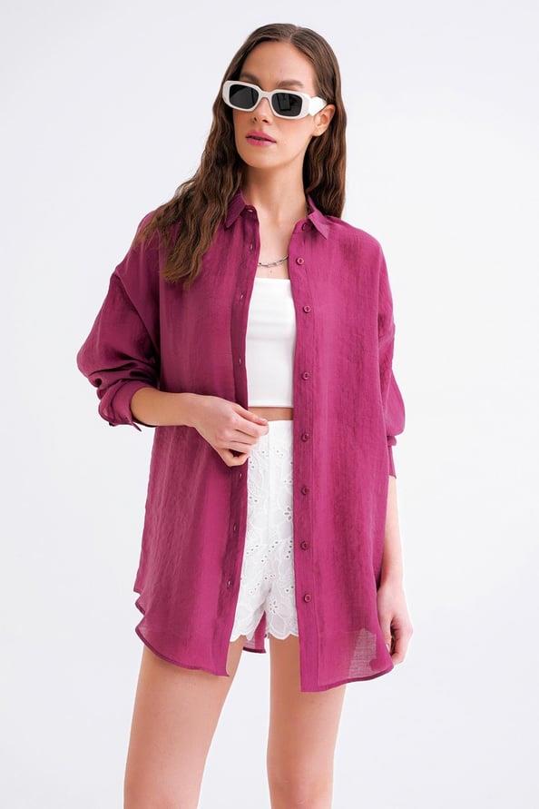 4667 Kadın İnce Oversize Modal Gömlek Bordo
