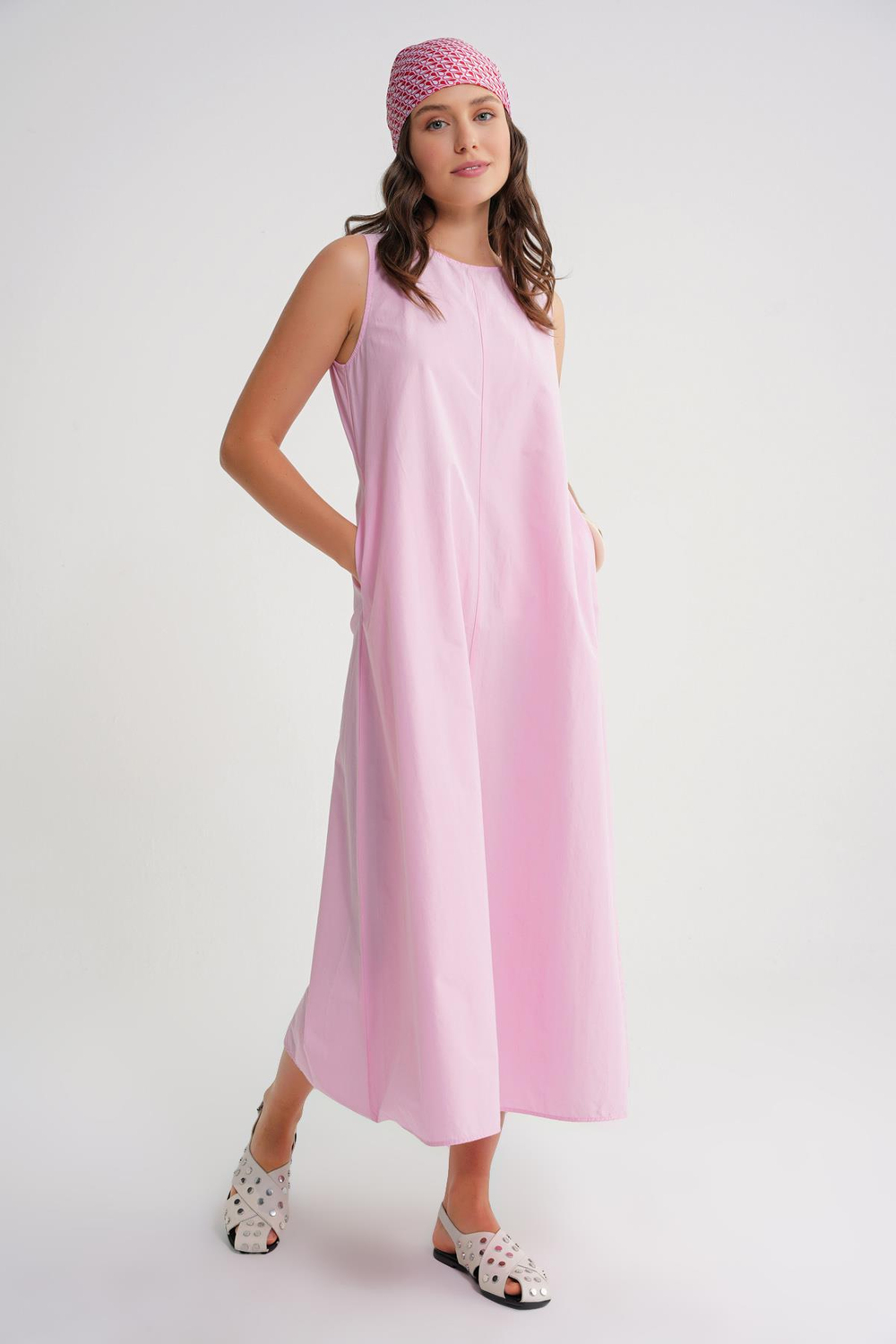 4690 Kadın Bisiklet Yaka Sıfır Kol Midi Paraşüt Elbise Pembe