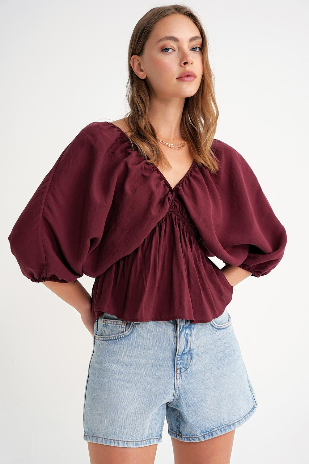 4703 Kadın V Yaka Lastikli Modal Bluz Bordo