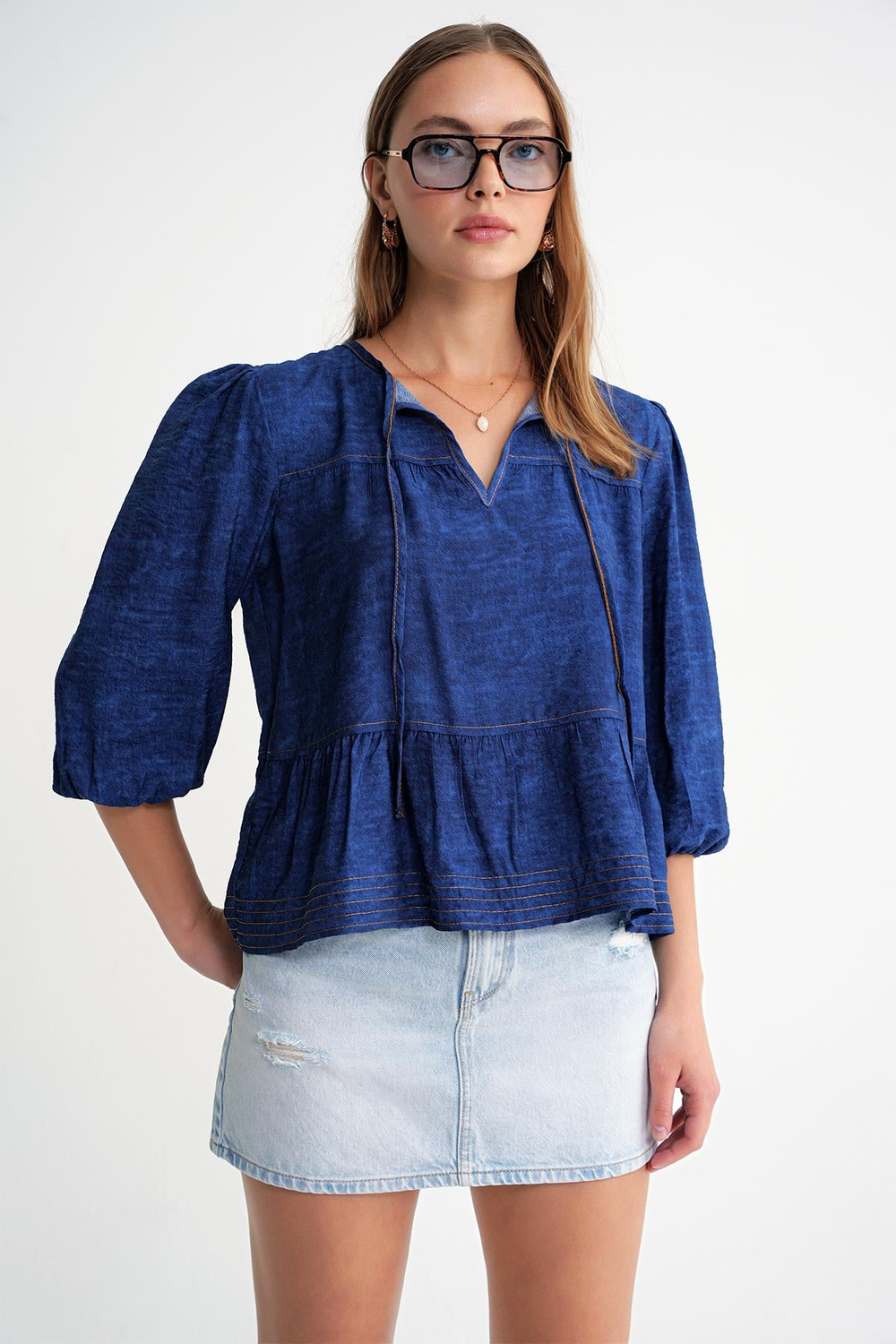 4704 Kadın Fırfırlı Balon Kol Kısa Denim Bluz Lacivert
