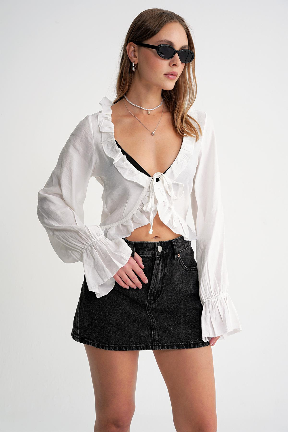 4712 Kadın Volanlı Modal Bolero Bluz Beyaz