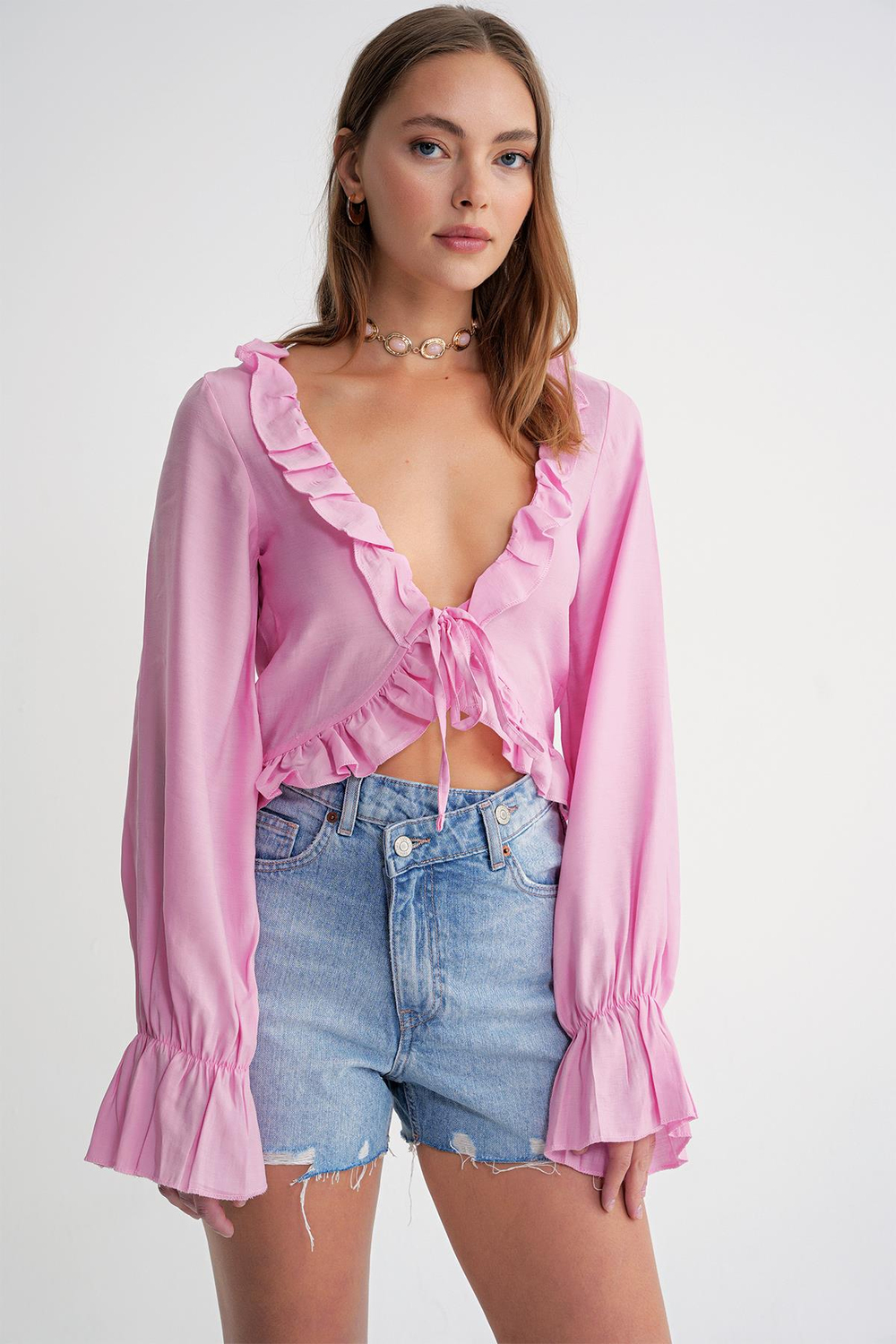 4712 Kadın Volanlı Modal Bolero Bluz Pembe
