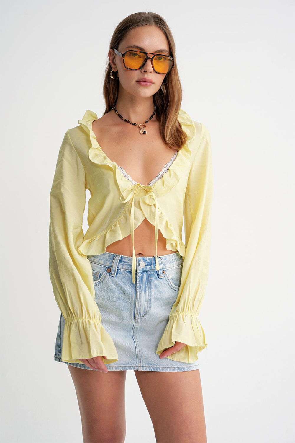 4712 Kadın Volanlı Modal Bolero Bluz Sarı