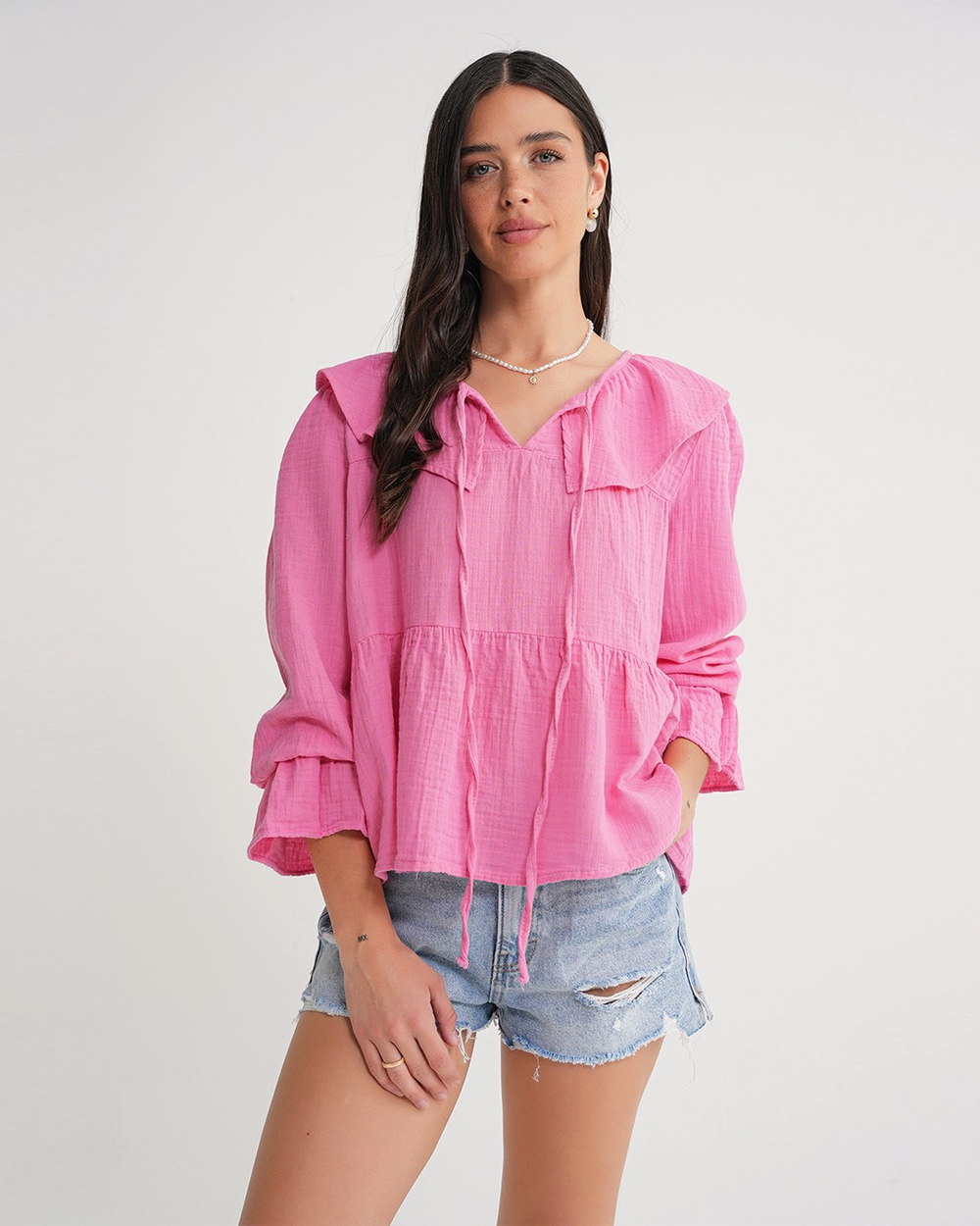 4714 Kadın Yakası Volanlı Bol Müslin Bluz Pembe