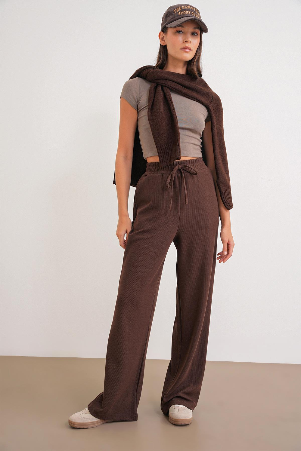 4757 Kadın Lastikli Fitilli Bol Paça Örme Dökümlü Pantalon Kahve