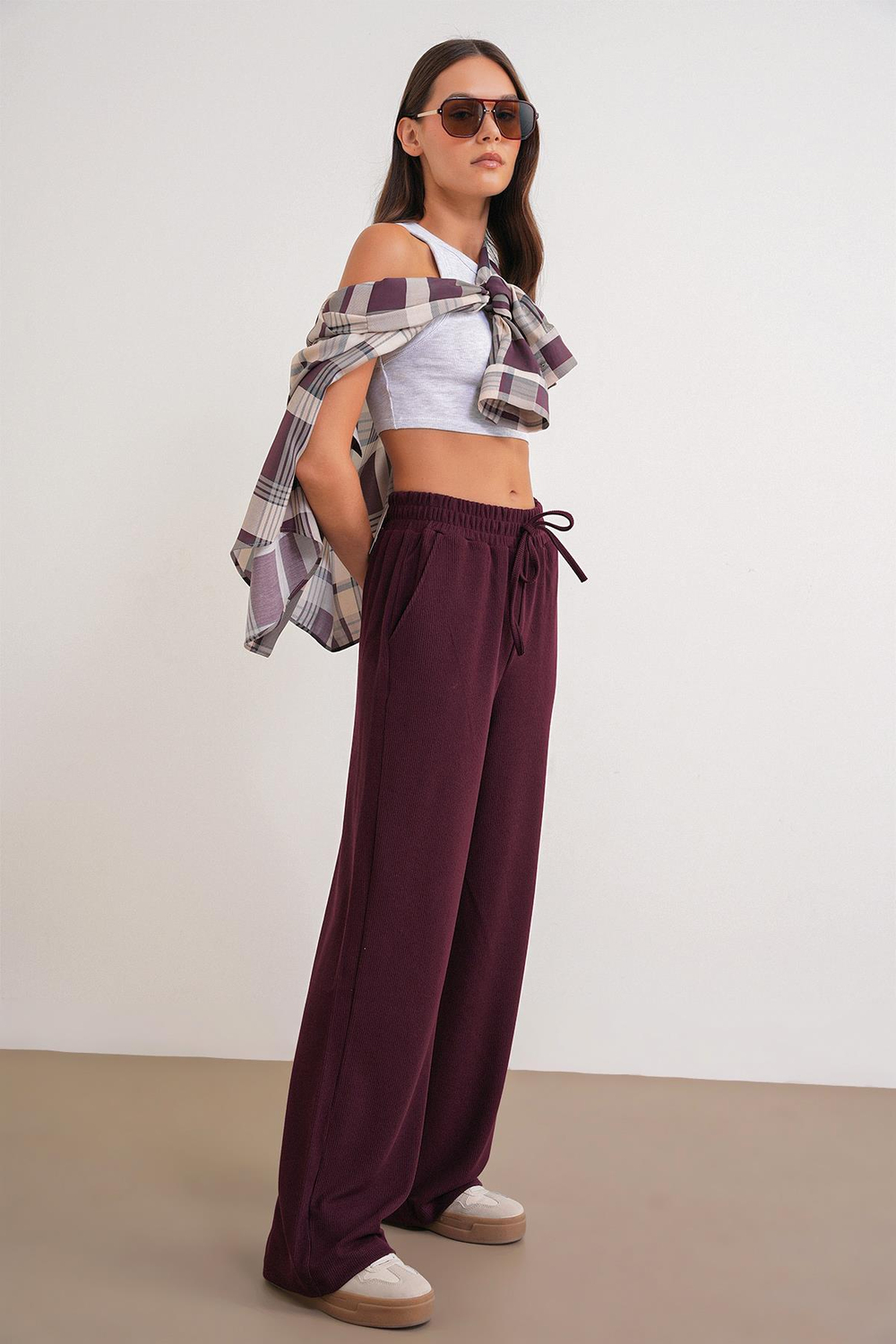4757 Kadın Lastikli Fitilli Bol Paça Örme Dökümlü Pantalon Mürdüm