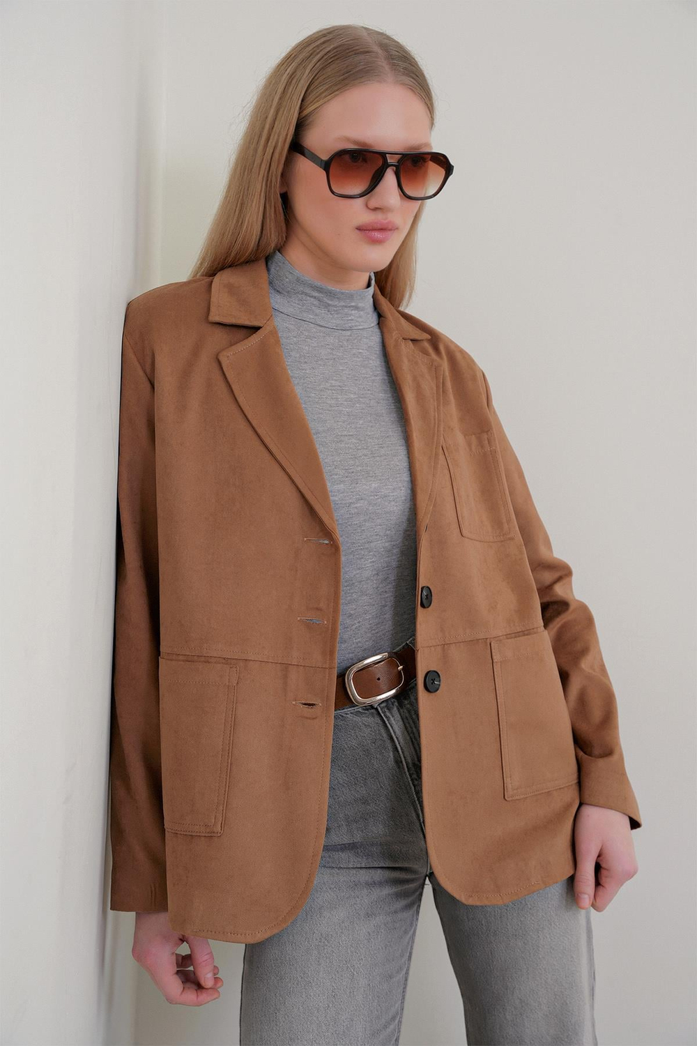 4780 Kadın Normal Kesim Suni Süet Blazer Ceket Camel