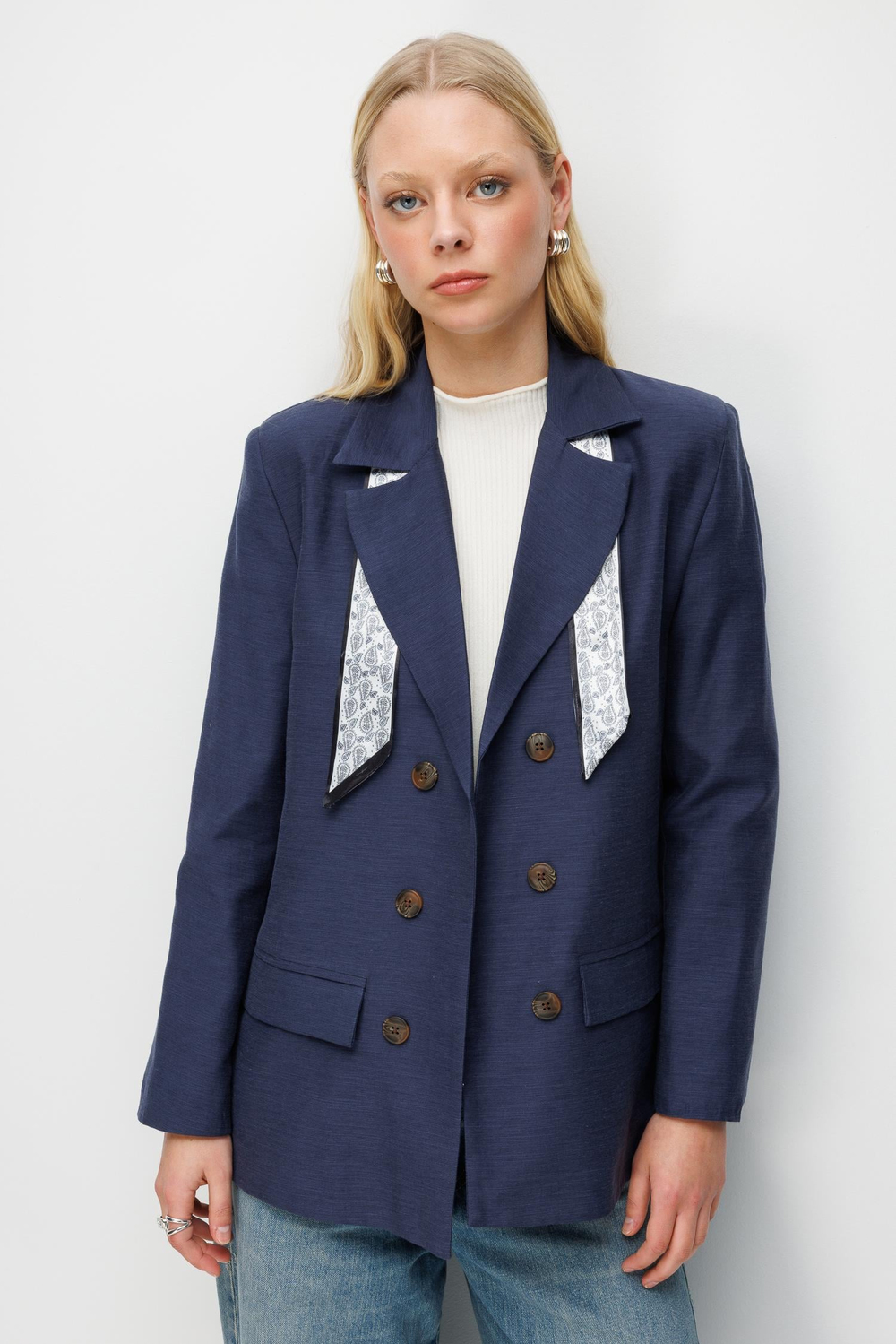 4809 Kadın Keten Blazer Ceket Lacivert