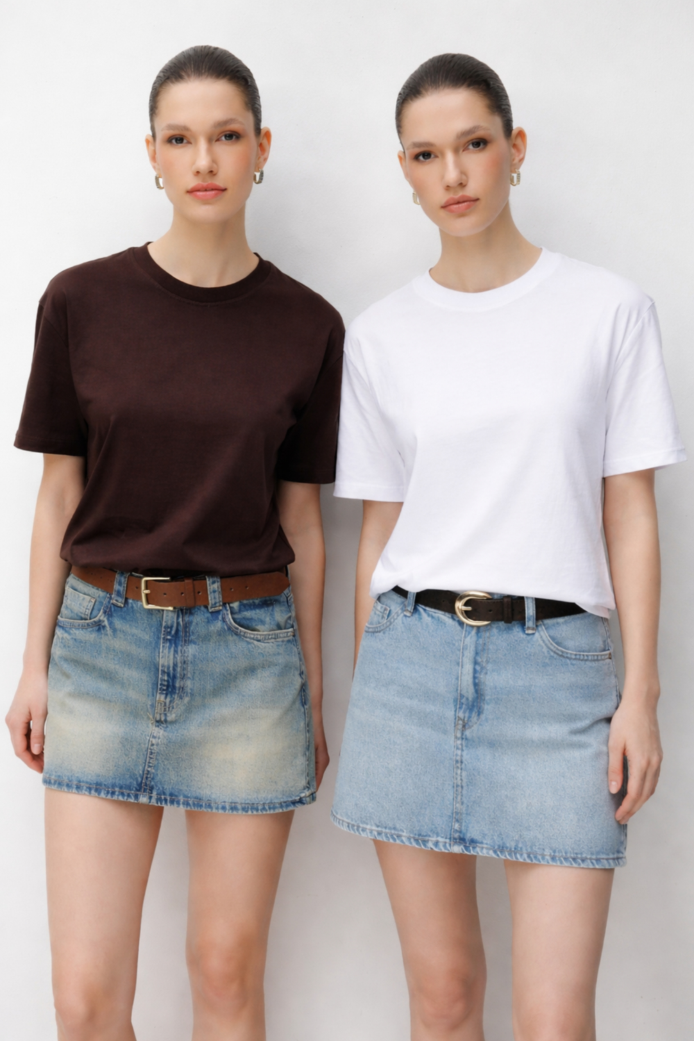 48511 Kadın Oversize Basic %100 Pamuk 2 li T-Shirt Kahve Beyaz