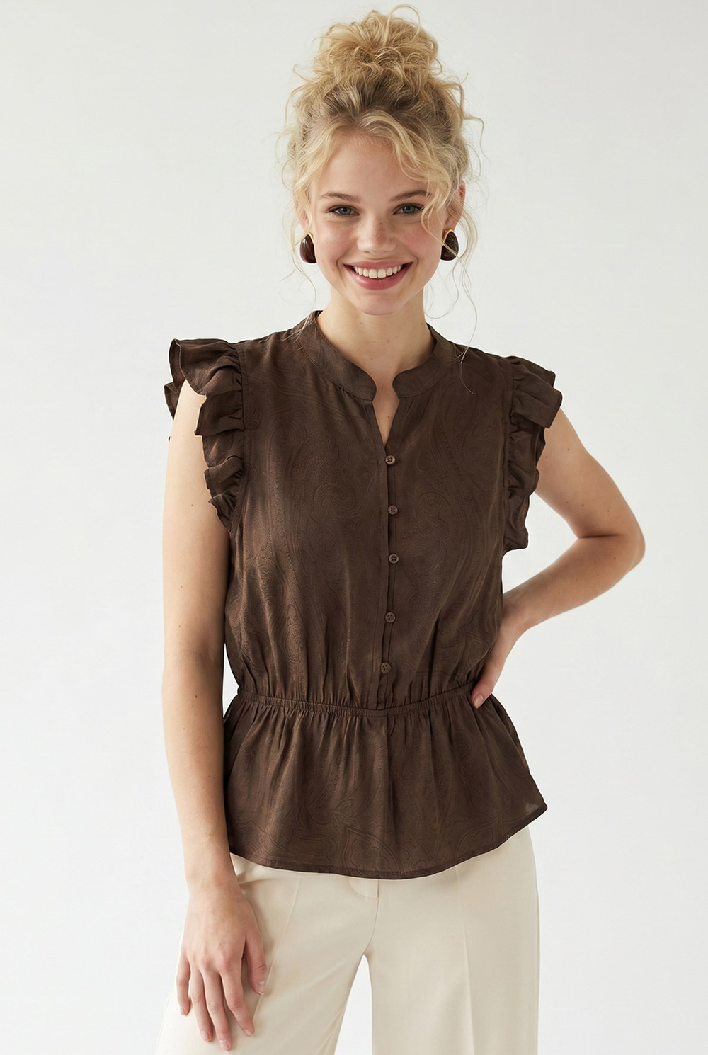 4921 Kadın Volanlı Hakim Yaka Jakarlı Peplum Bluz Kahve