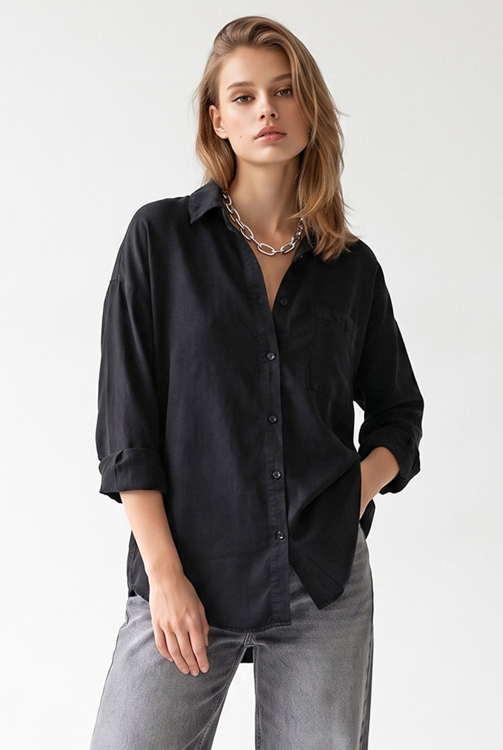 4963 Kadın Tencel Kumaş Oversize Cepli Uzun Kollu Gömlek Siyah