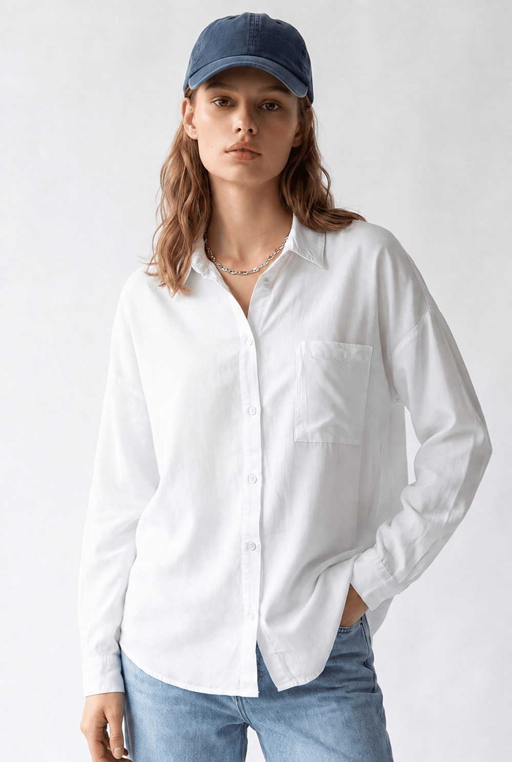 4963 Kadın Tencel Kumaş Oversize Cepli Uzun Kollu Gömlek Beyaz