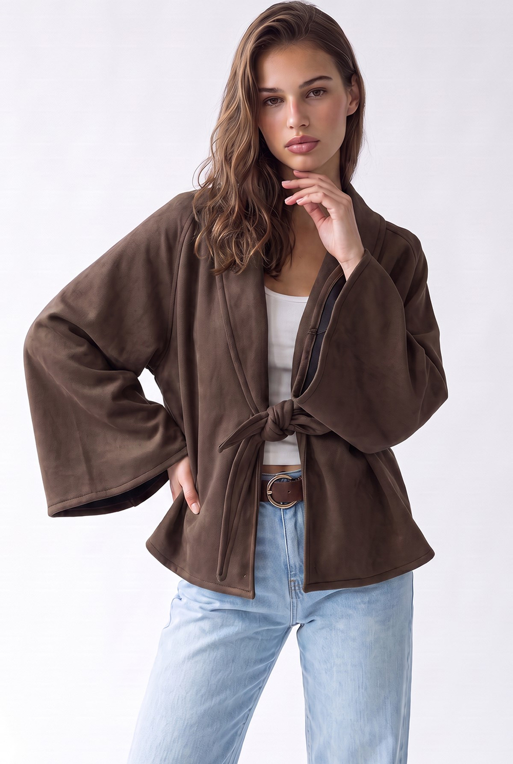 4977 Kadın Bağcıklı Süet Kimono Kahve