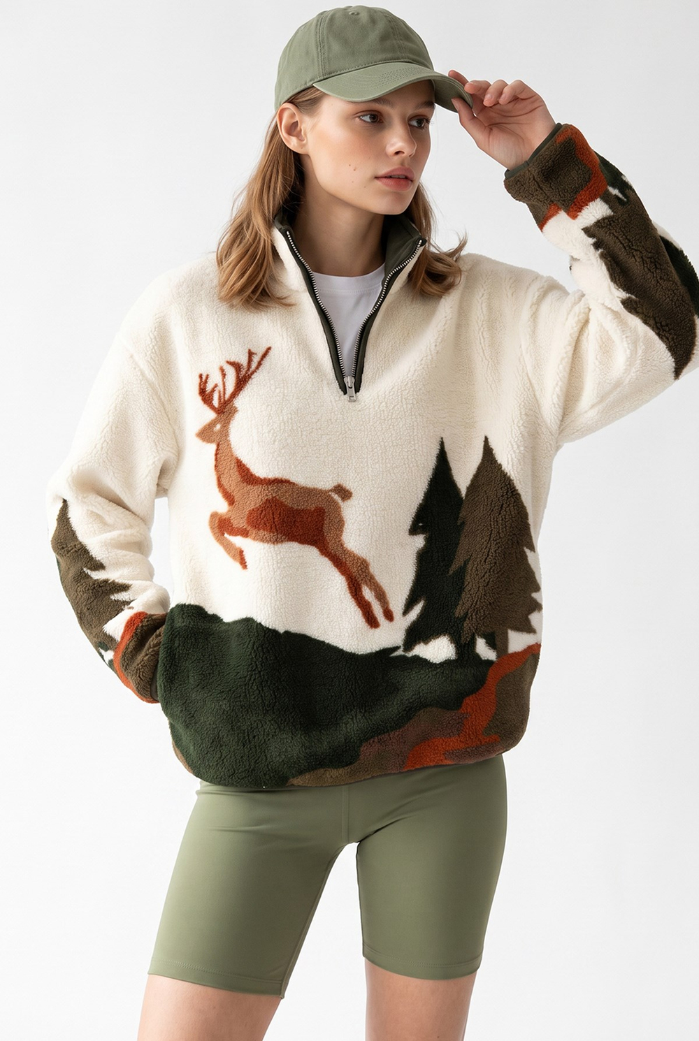 4979 Kadın Yarım Fermuarlı Desenli Polar Sweatshirt Haki
