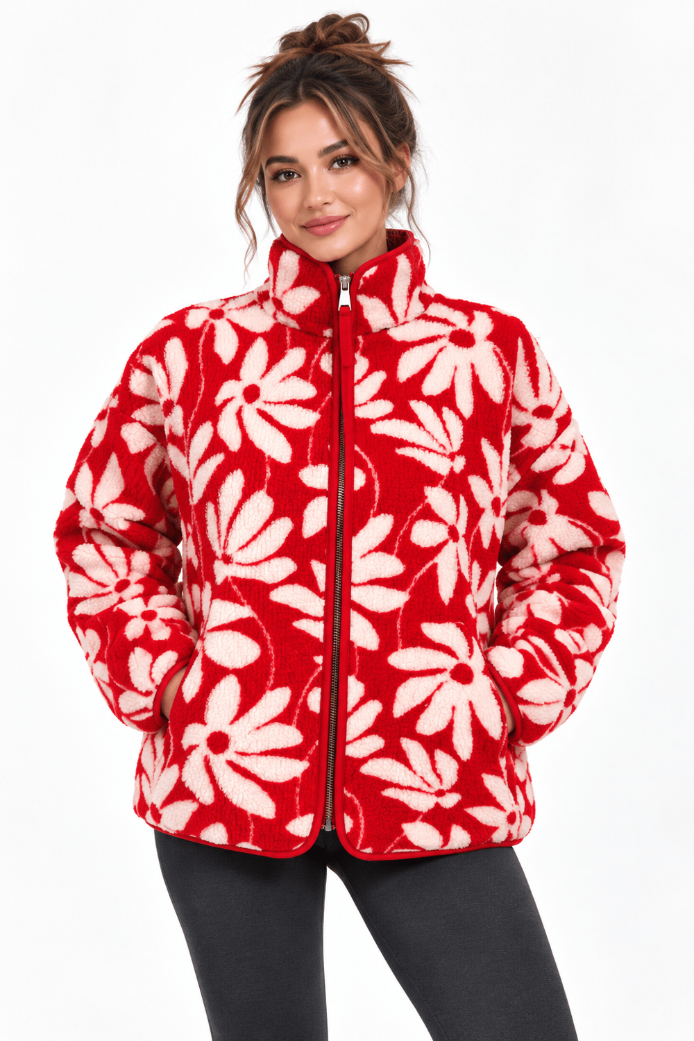 4981 Kadın Fermuarlı Desenli Polar Sweatshirt Kırmızı - Naturel