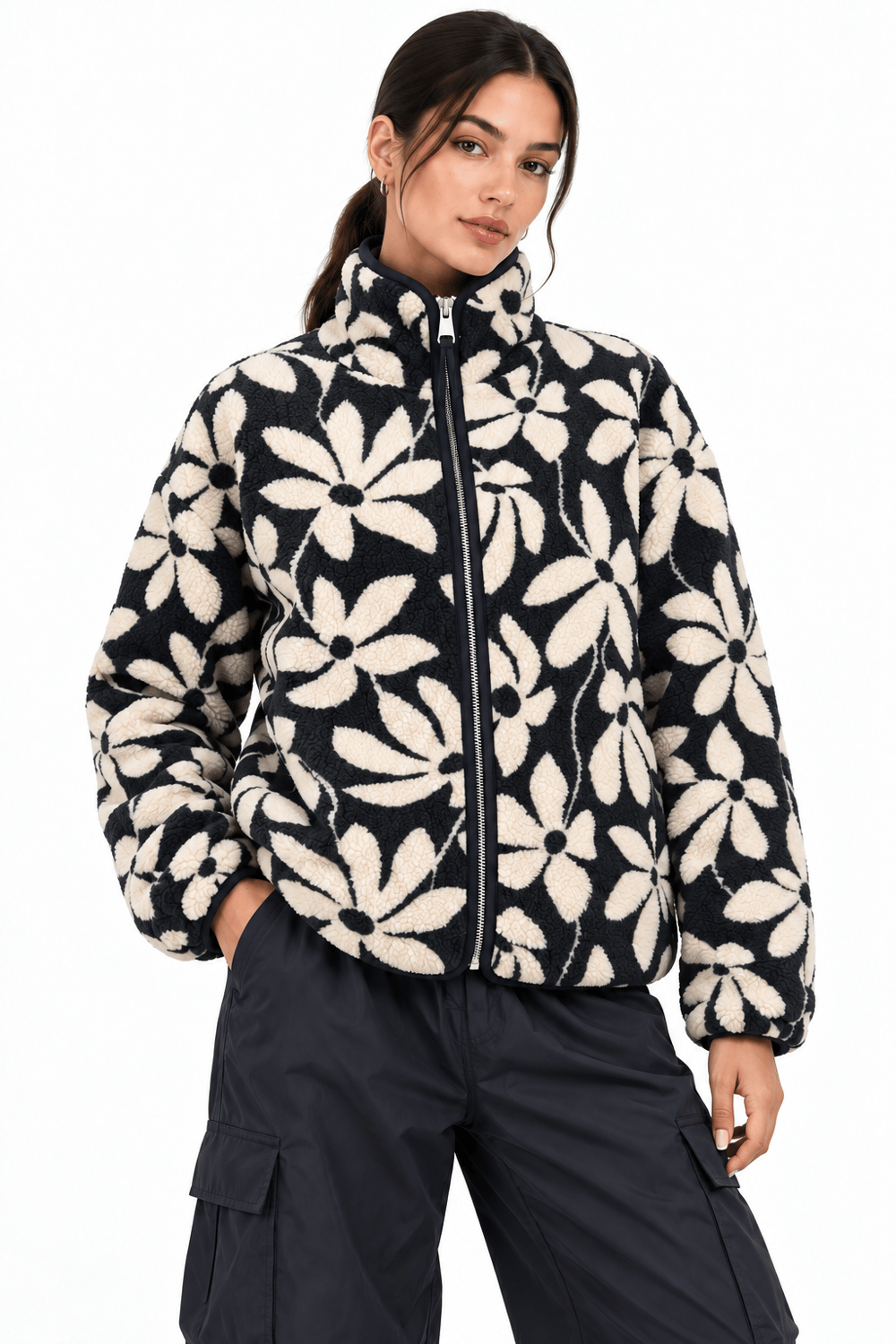 4981 Kadın Fermuarlı Desenli Polar Sweatshirt Lacivert Naturel