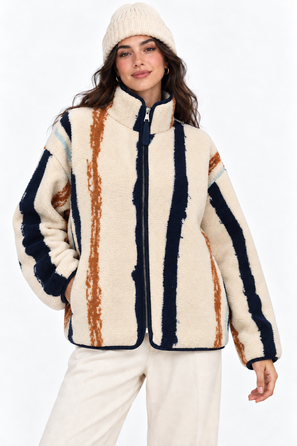 4981 Kadın Fermuarlı Desenli Polar Sweatshirt Çi.Lacivert