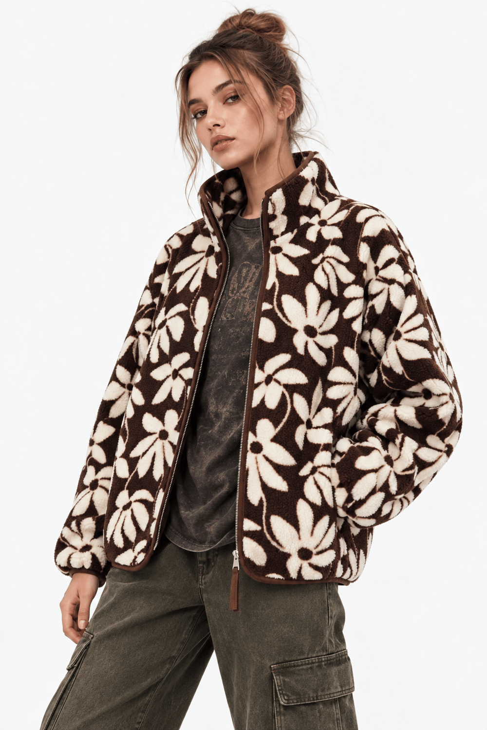 4981 Kadın Kahve Çiçek Desenli Cepli Yumuşak Dokulu Polar Sweatshirt
