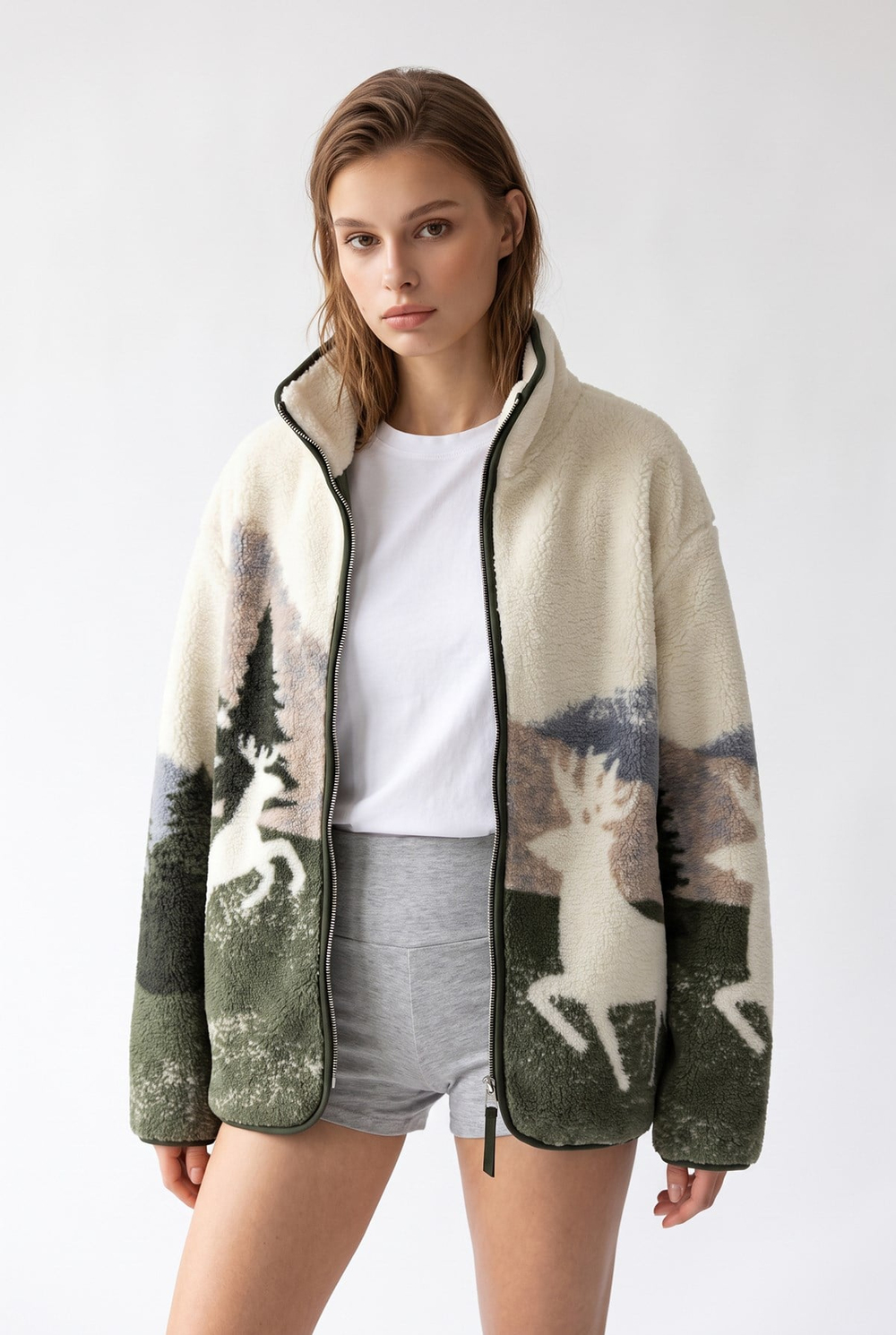 4981 Kadın Orman Manzaralı Cepli Yumuşak Dokulu Polar Sweatshirt