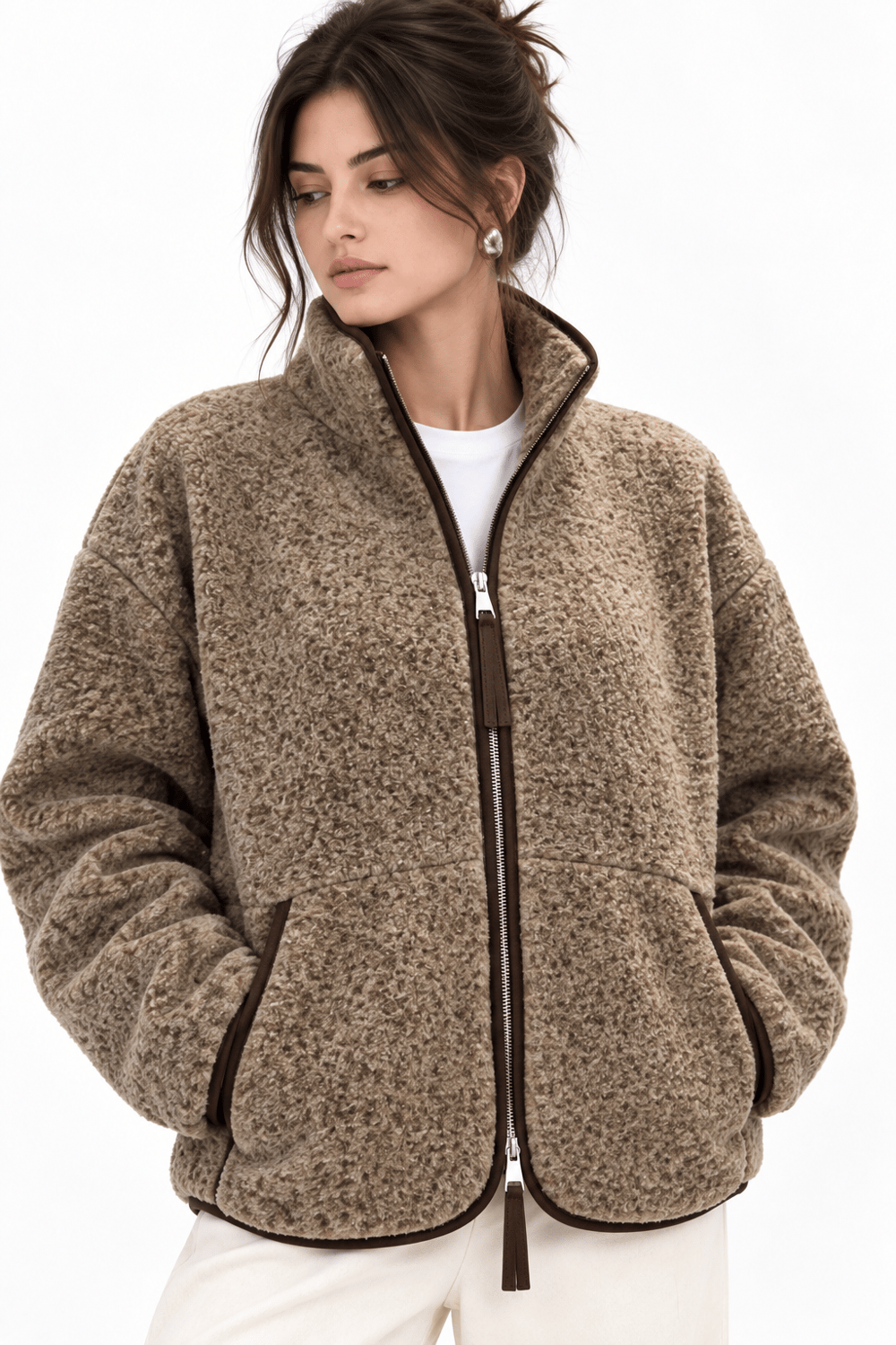 4984 Kadın Fermuarlı Önden Cepli Yumuşak Dokulu Dik Yaka Polar Sweatshirt Bej