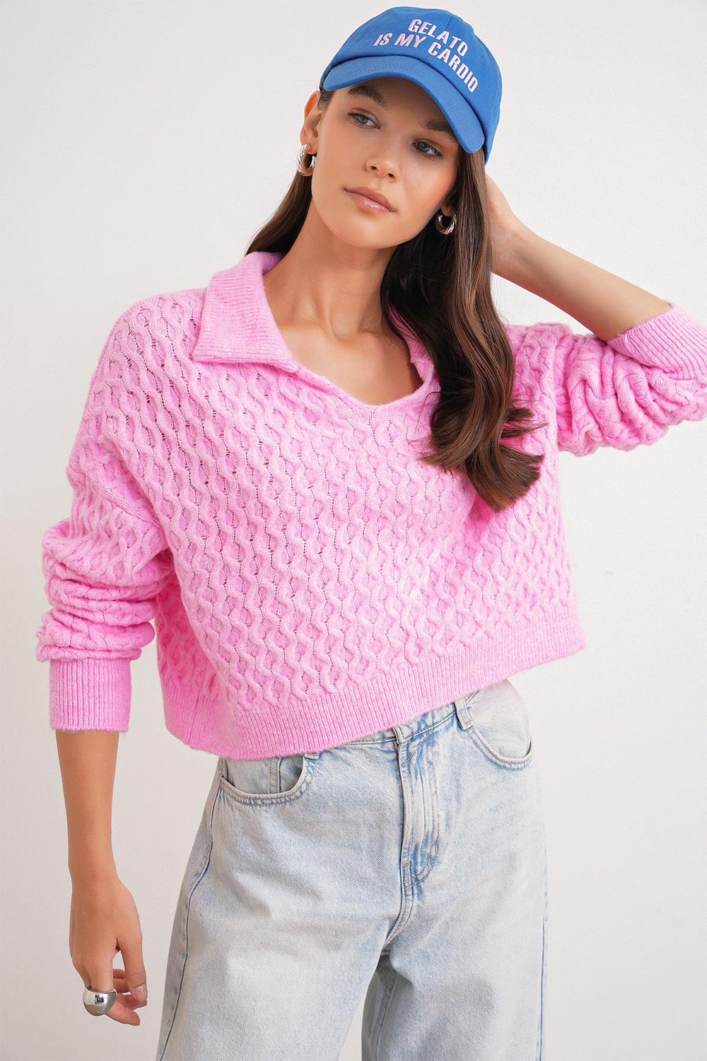 6896 Kadın Örgü Detaylı Crop Triko Kazak Pembe
