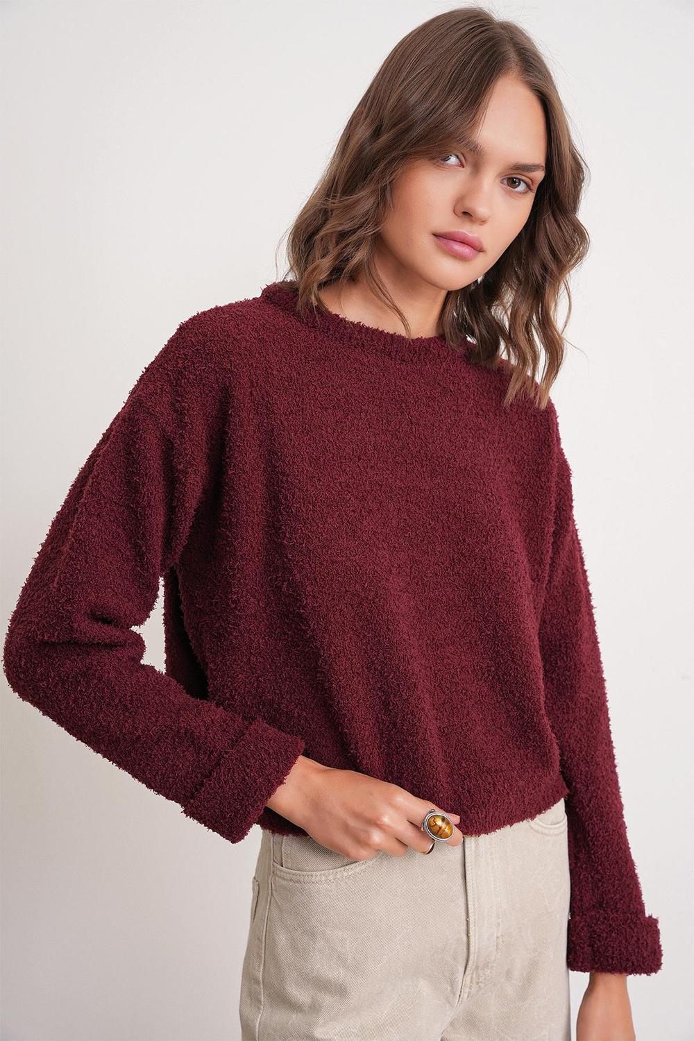 6917 Kadın Buklet Basic Triko Kazak Bordo