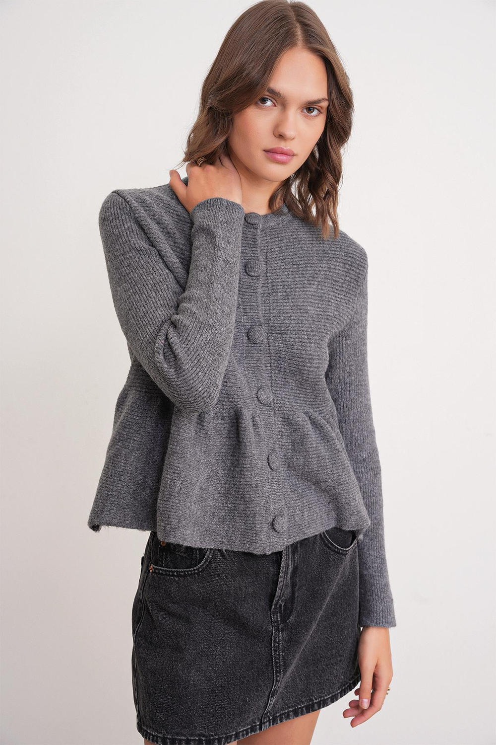 6958 Kadın Triko Peplum Hırka Antrasit
