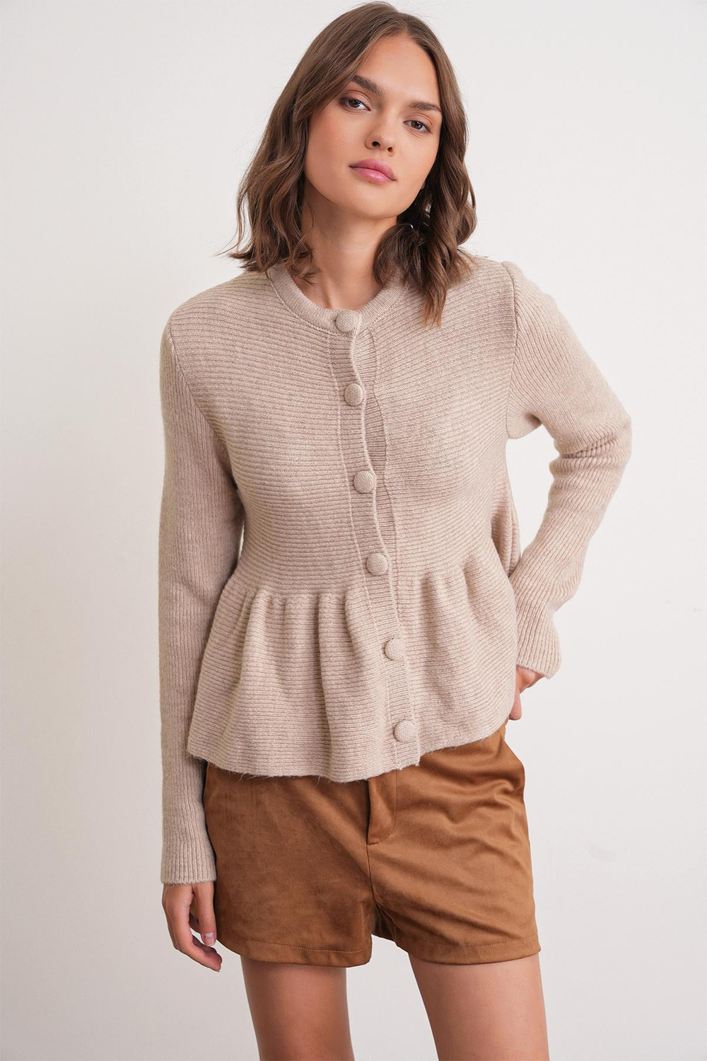 6958 Kadın Triko Peplum Hırka Bej