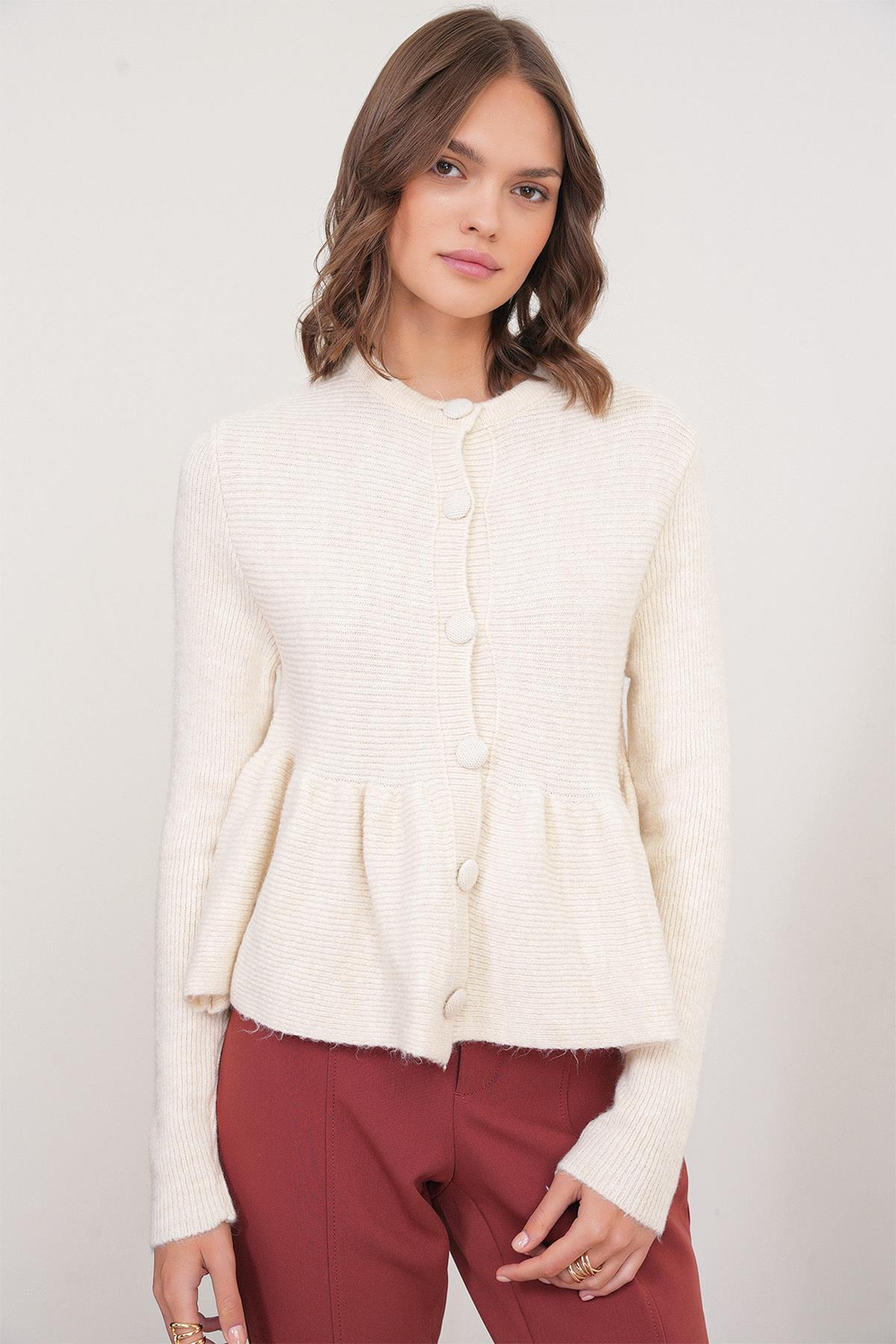 6958 Kadın Triko Peplum Hırka Naturel