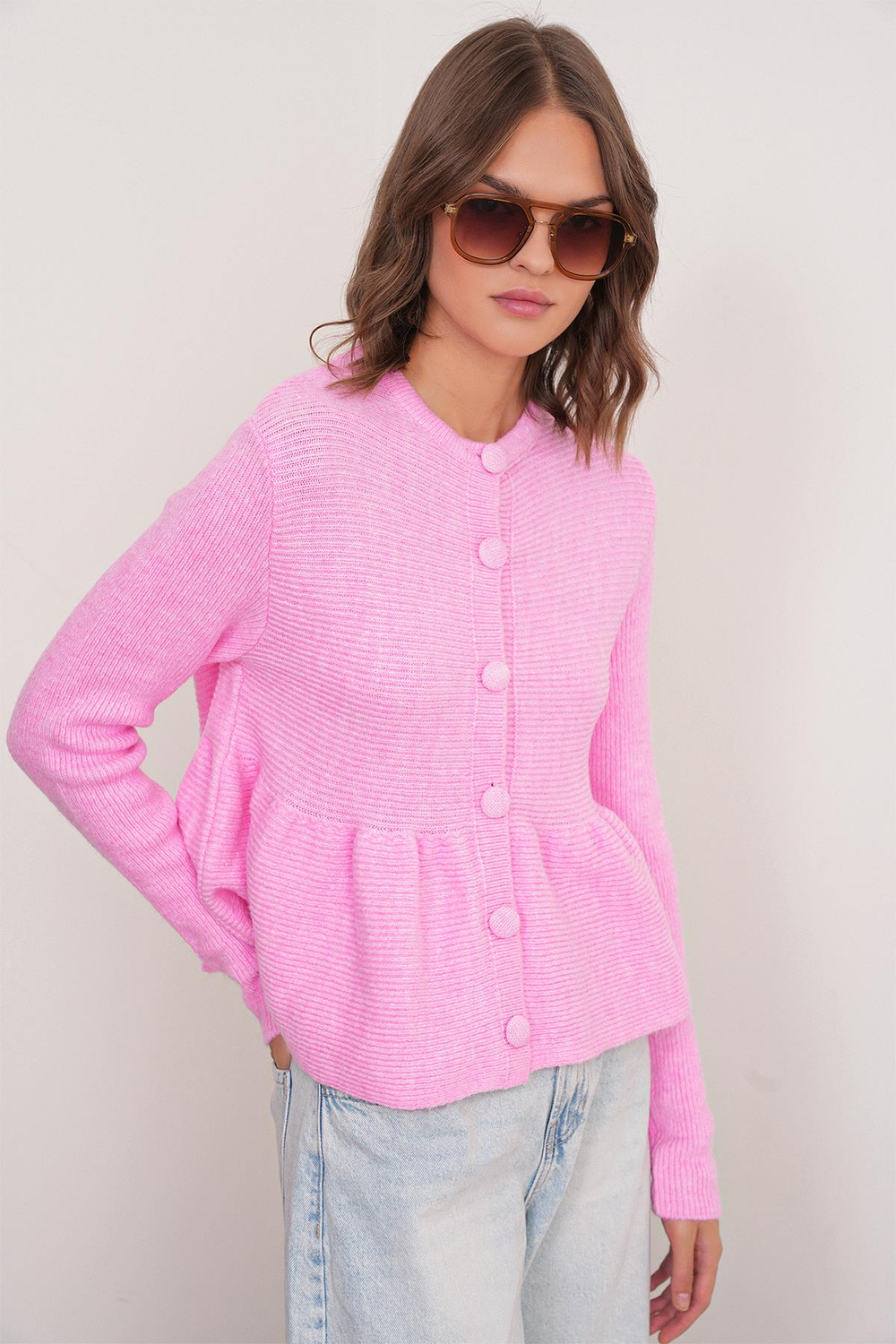 6958 Kadın Triko Peplum Hırka Pembe