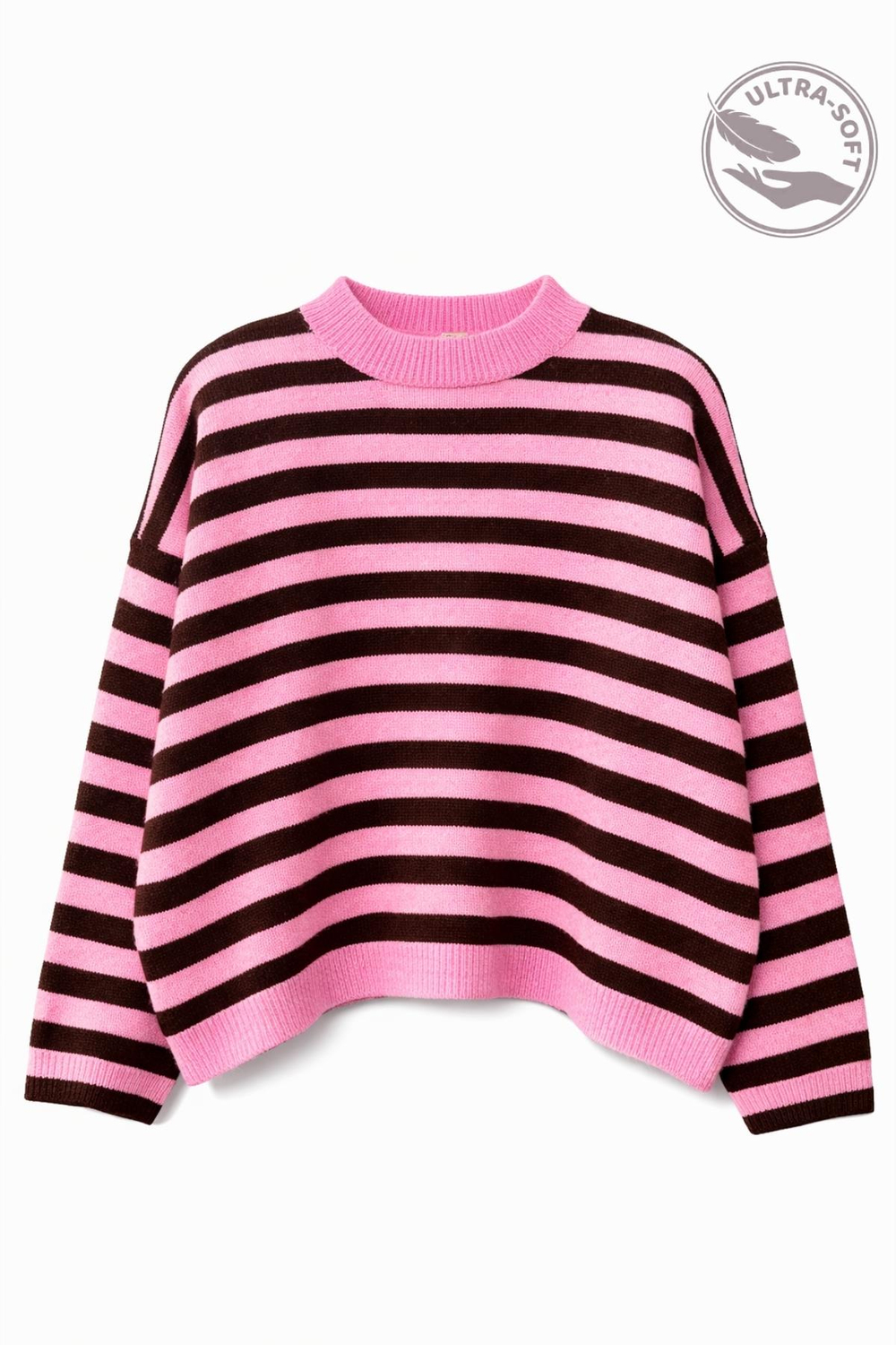 7016 Kadın Yün Karışımlı Çizgili Oversize Basic Triko Kazak Pembe