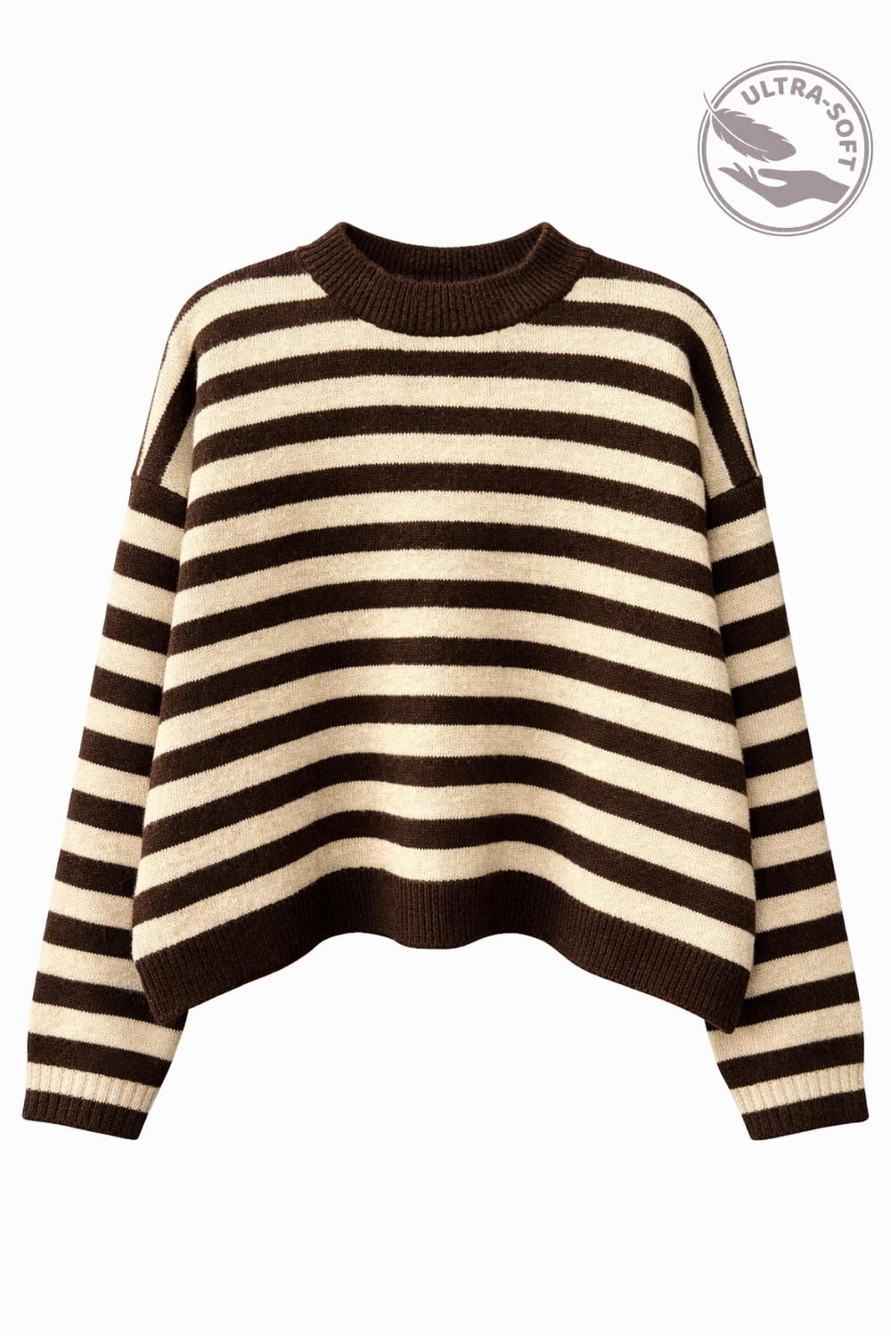 7016 Kadın Yün Karışımlı Çizgili Oversize Basic Triko Kazak Kahve