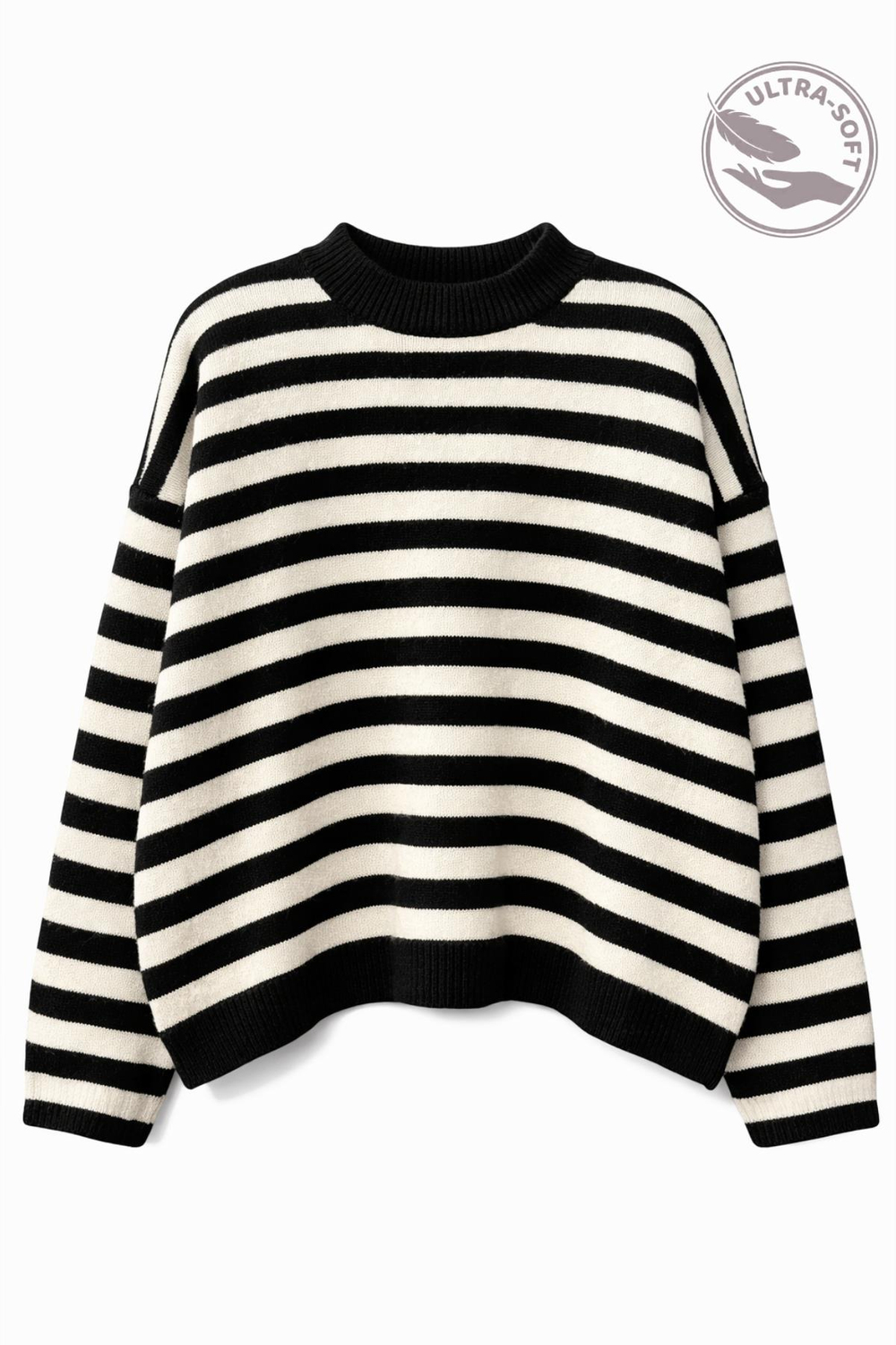 7016 Kadın Yün Karışımlı Çizgili Oversize Basic Triko Kazak Siyah