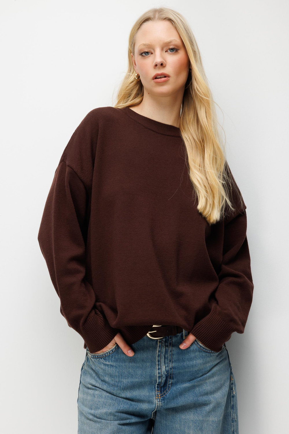 7021 Kadın Bisiklet Yaka Oversize Basic Premium Triko Kazak Kahve