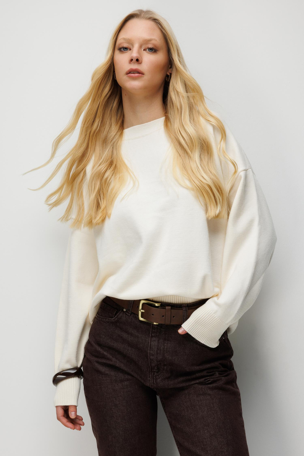 7021 Kadın Bisiklet Yaka Oversize Basic Premium Triko Kazak Naturel