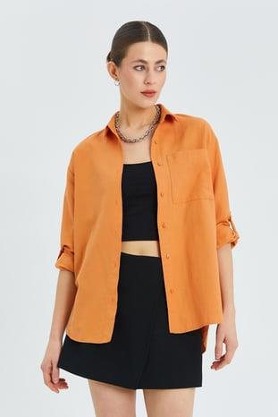 9942 Kadın Oxford Uzun Kol  Basic Gömlek Şeftali