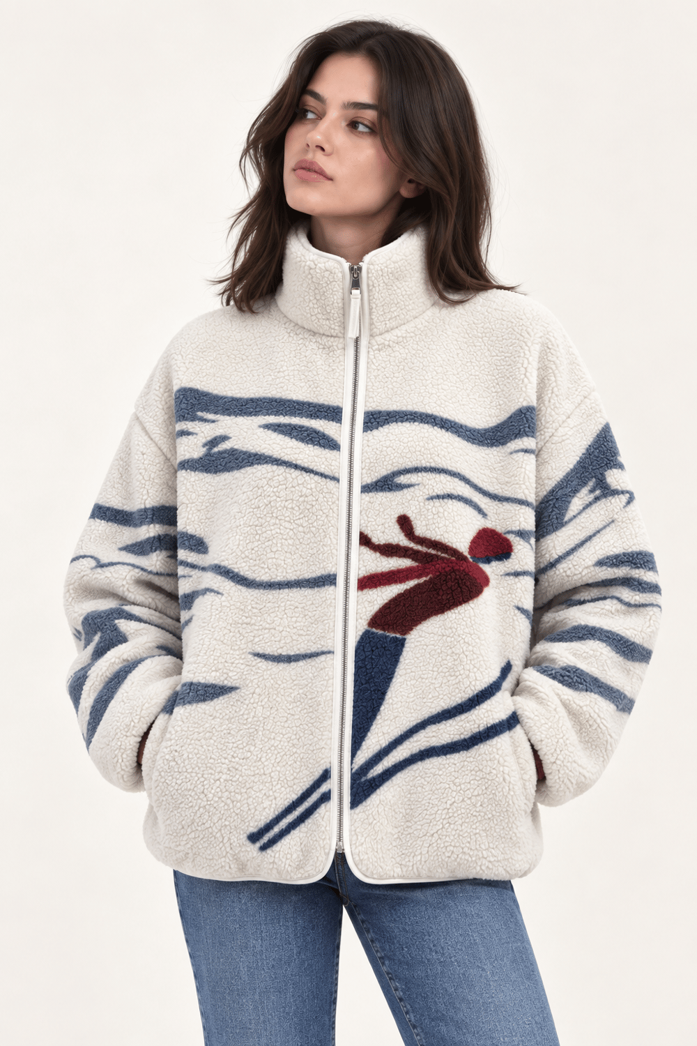 Kadın Dağ ve Kayak Silüetli Cepli Yumuşak Dokulu Polar Sweatshirt