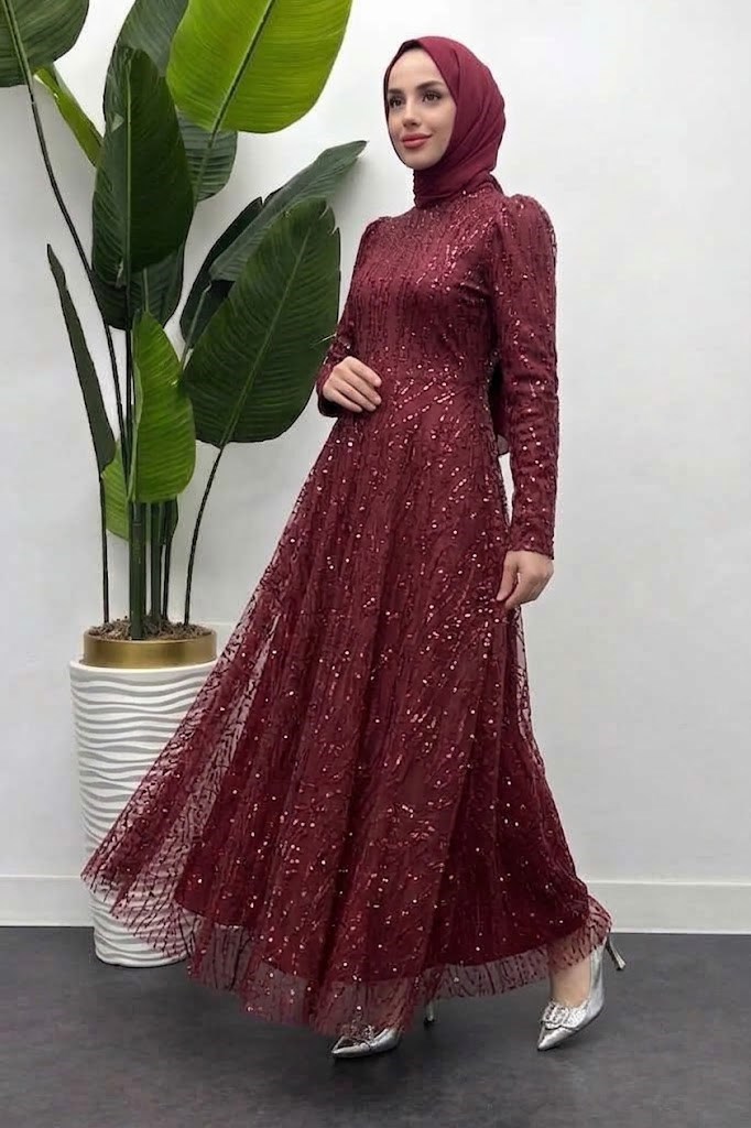 Angel Payet Pullu Kloş Abiye - Bordo