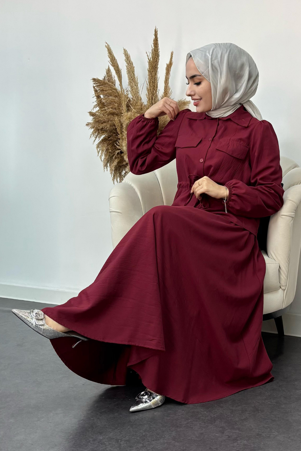 Beli Büzgülü Liza Kumaş Etekli Takım-Bordo
