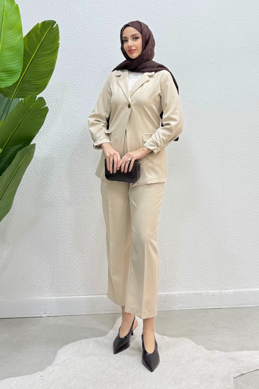 Blazer Ceket Pantolon Tesettür Takım- Bej