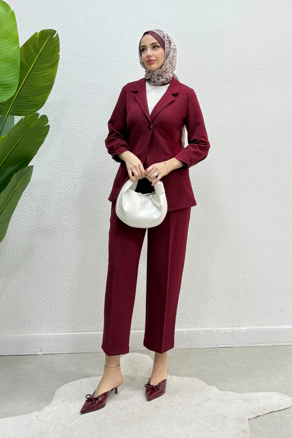 Blazer Ceket Pantolon Tesettür Takım- Bordo