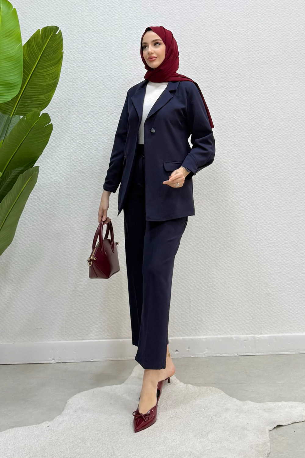 Blazer Ceket Pantolon Tesettür Takım- Lacivert