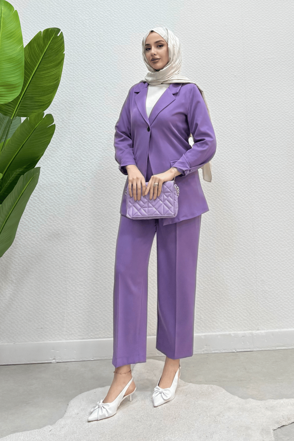 Blazer Ceket Pantolon Tesettür Takım- Mor