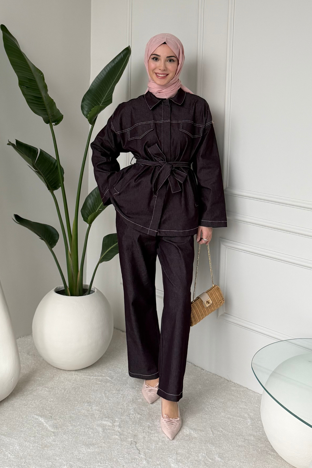 Bovon Denim Ceket Pantolon Tesettür Takım- Mürdüm