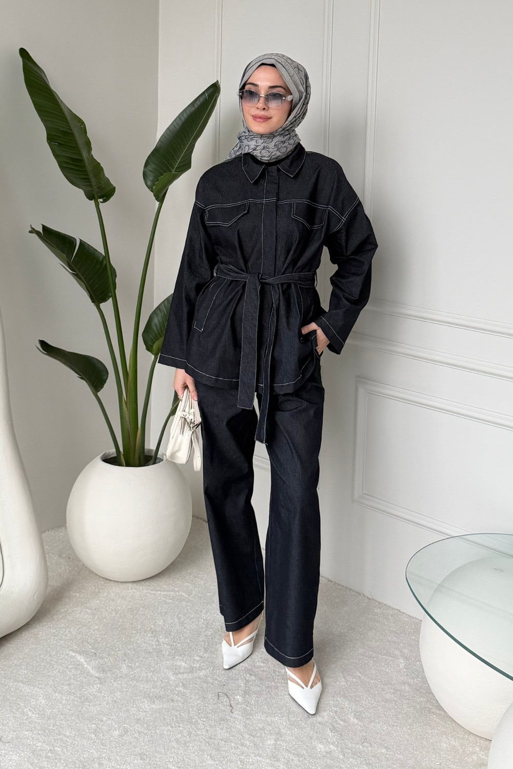 Bovon Denim Ceket Pantolon Tesettür Takım- Lacivert