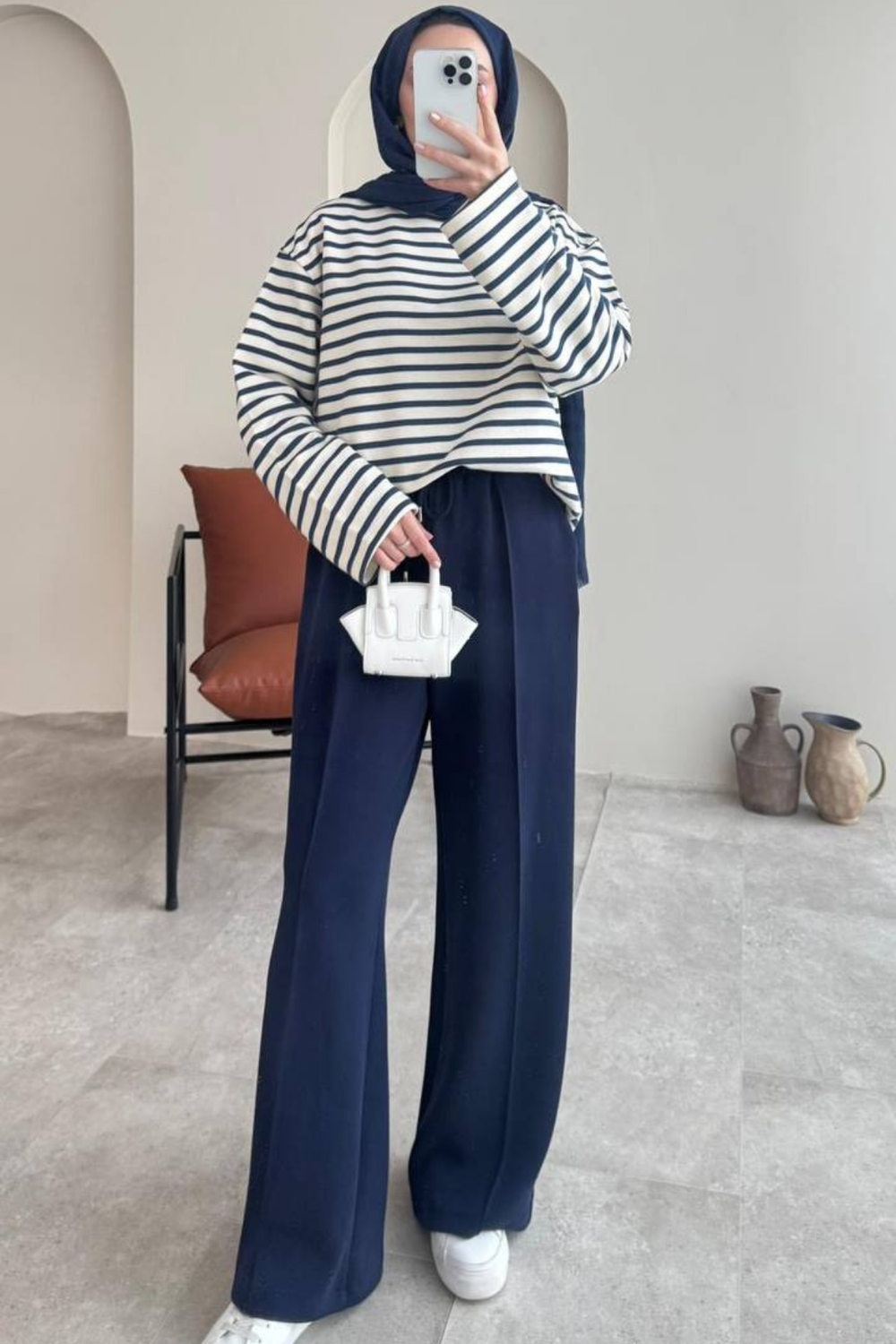 Çimalı Beli Lastikli Scuba Kumaş Tesettür Pantolon- Lacivert