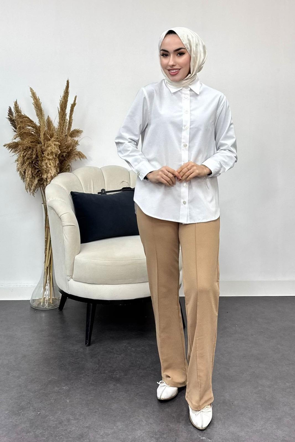 Çimalı Likralı Krep Kumaş Pantalon-Bej