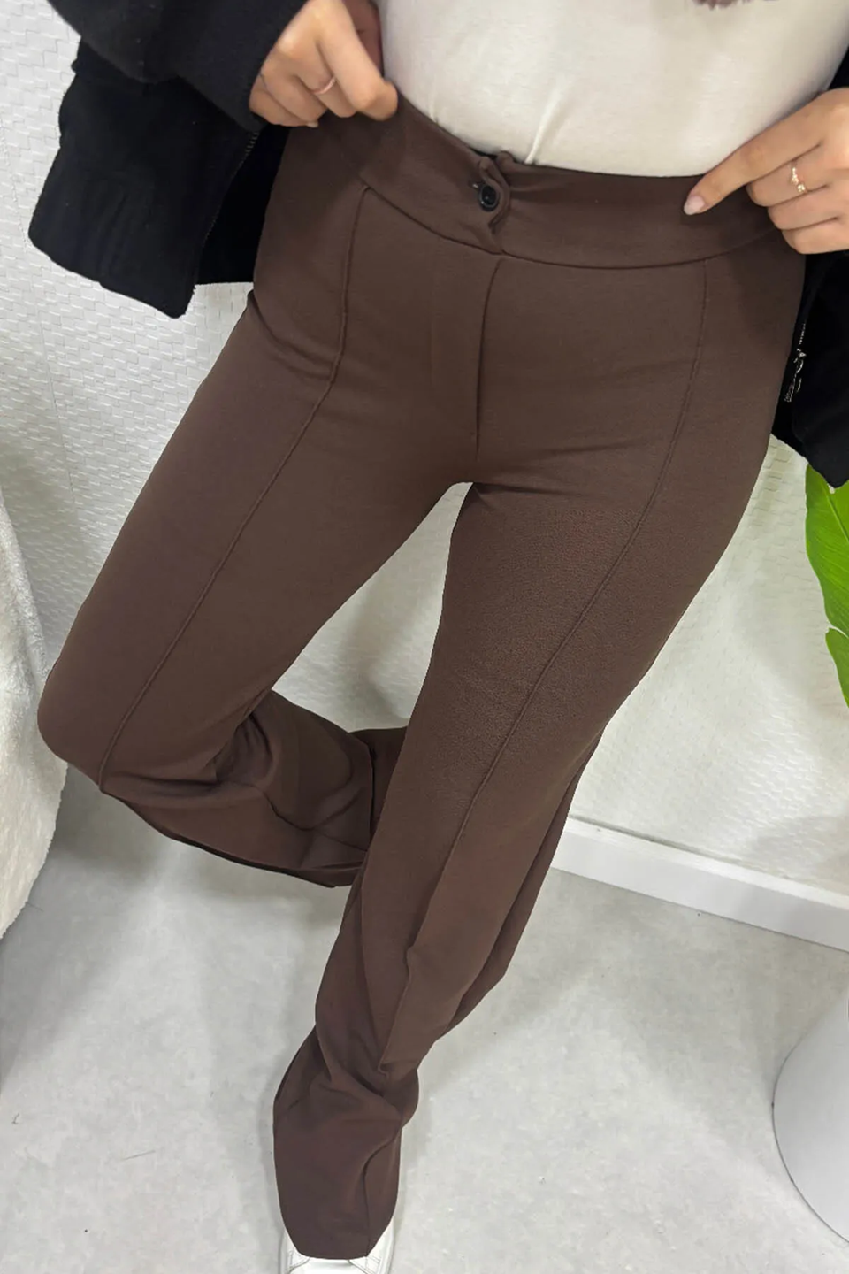 Çimalı Likralı Krep Kumaş Pantalon-Kahverengi